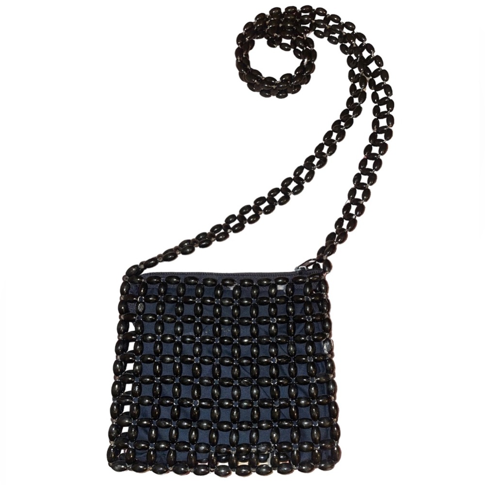 black wooden bead crossbody bag